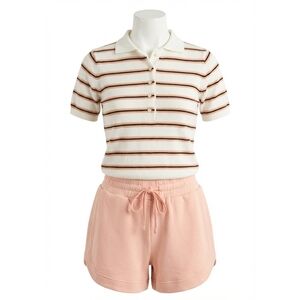 NEW VARLEY faustine button stripe neck polo in white pink